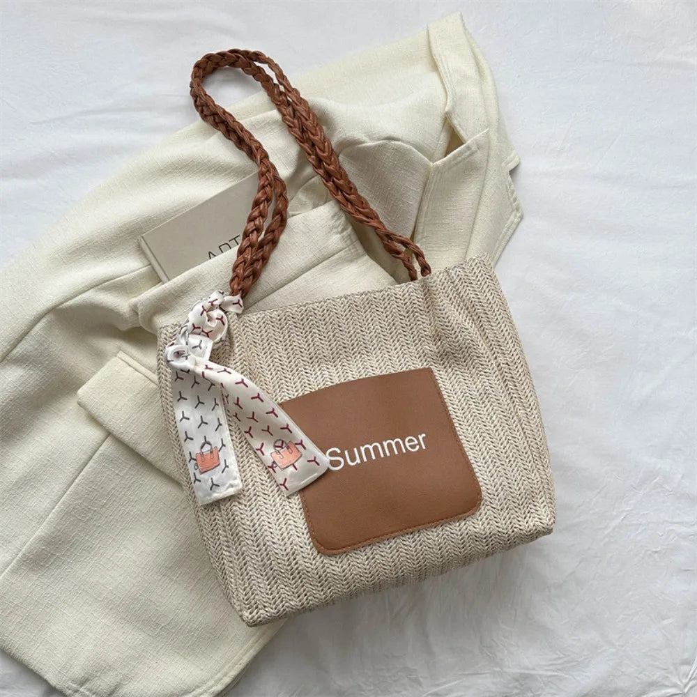 Trendy Straw Woven Scarves Tote Bag Casual Shoulder Bag Beach Bag Daily Commuting Bag Underarm Bag Large Capacity Handbag