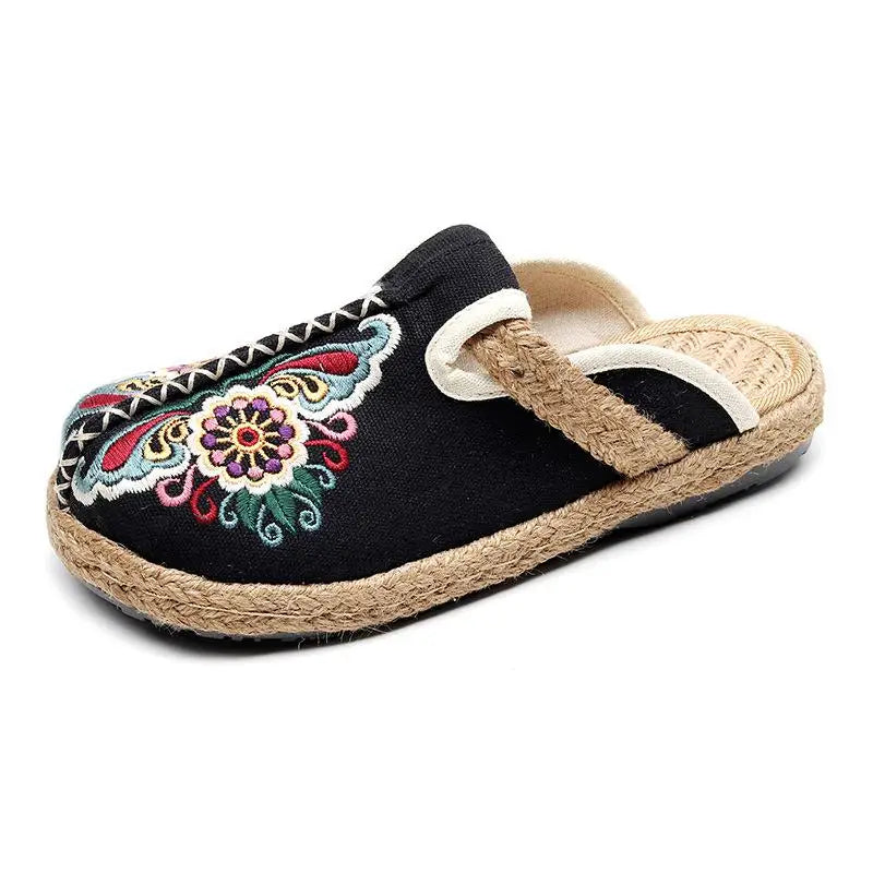 Johnature Women Slippers Summer 2024 New Slides Embroider Flat With Women Shoes Retro Flower Handmade Concise Ladies Slippers