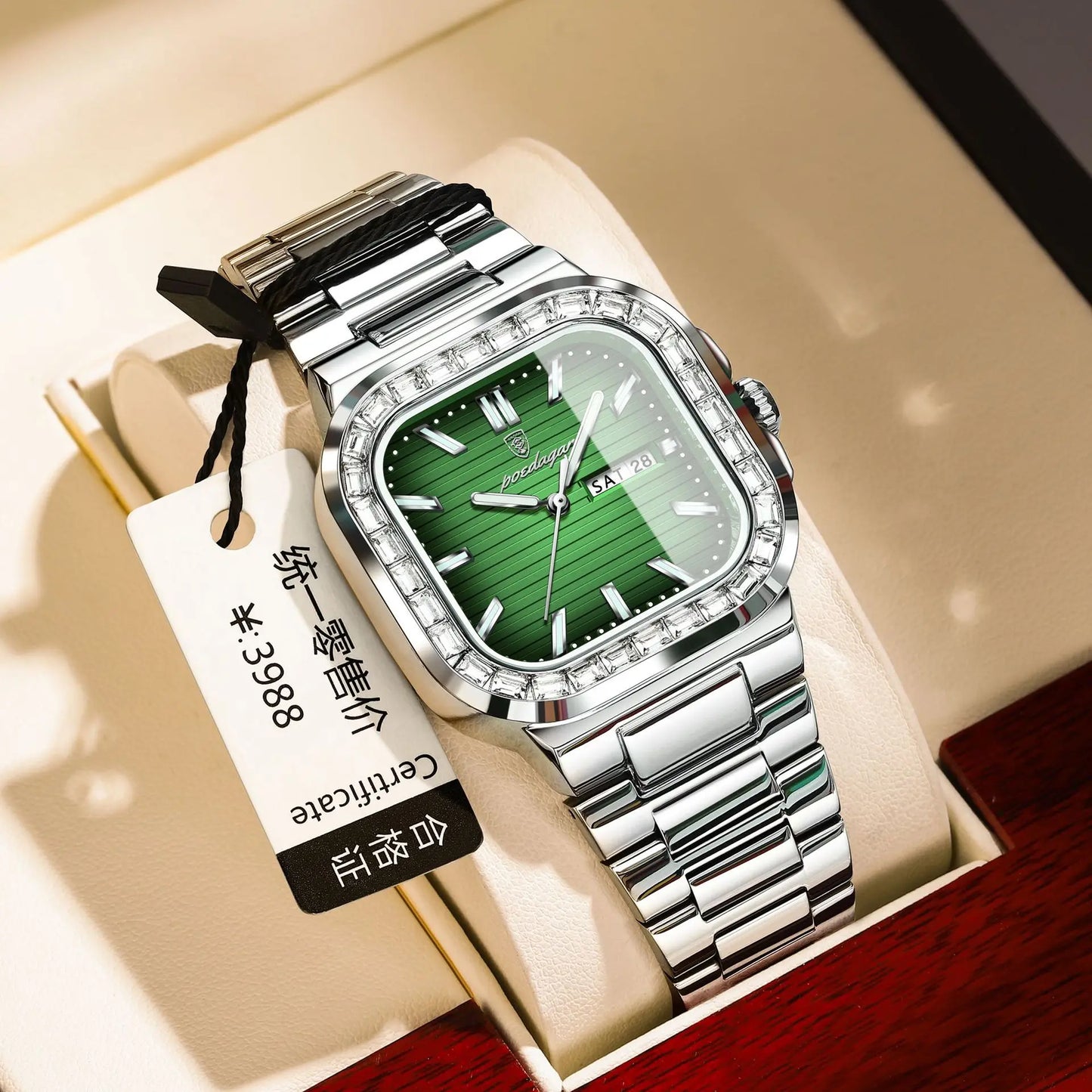 POEDAGAR Fashion Square Men's Watches Waterproof Zircon Bezel Stainless Steel Watch for Man Luxury Original Quartz Wristwatch