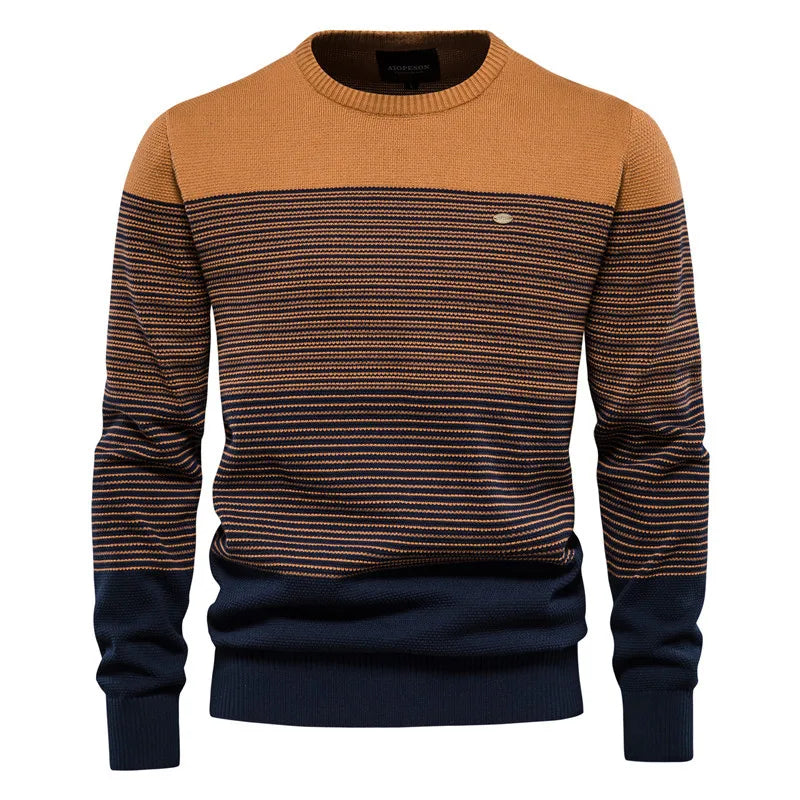 2023 Men's Autumn and Winter Sweater Pullover European Size Long Sleeved Slim Fitting Round Neck Striped Men's Knitted Sweater