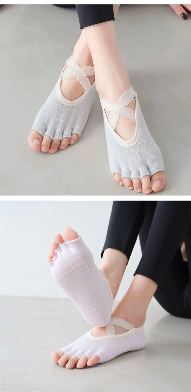 Five Finger Yoga Socks Lace Cross Strap Bandage Non Slip Gym Workout Pilates Ballet Dance Cotton Split Toe Grip Floor Socks