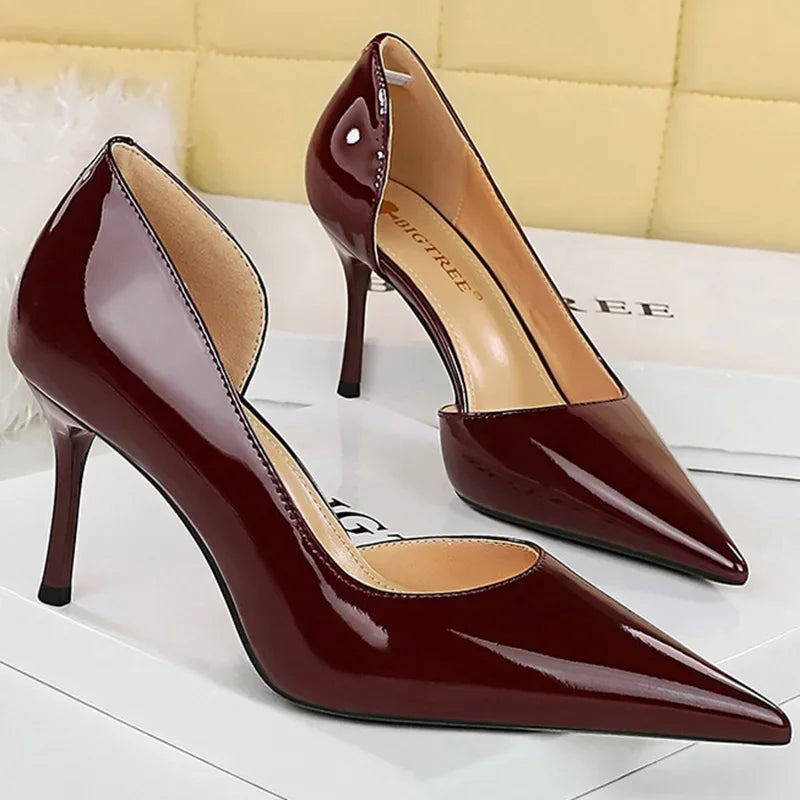 Size 34-43 Women 8cm Thin High Heels Pumps Lady Shallow Pointed Toe Mid Heels Side Hollow Patent Leather Nude Burgundy Red Shoes