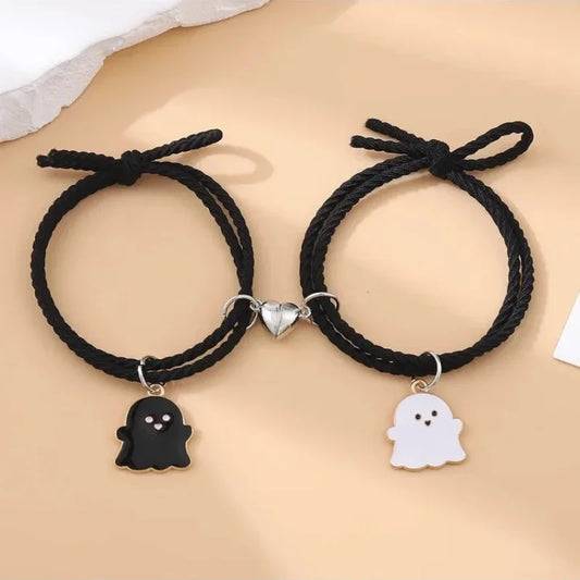 2Pcs/Set Ghost Braided Rope Matching Couple Bracelet for Women Men Romantic Heart Magnetic Distance Bracelets Halloween Jewelry