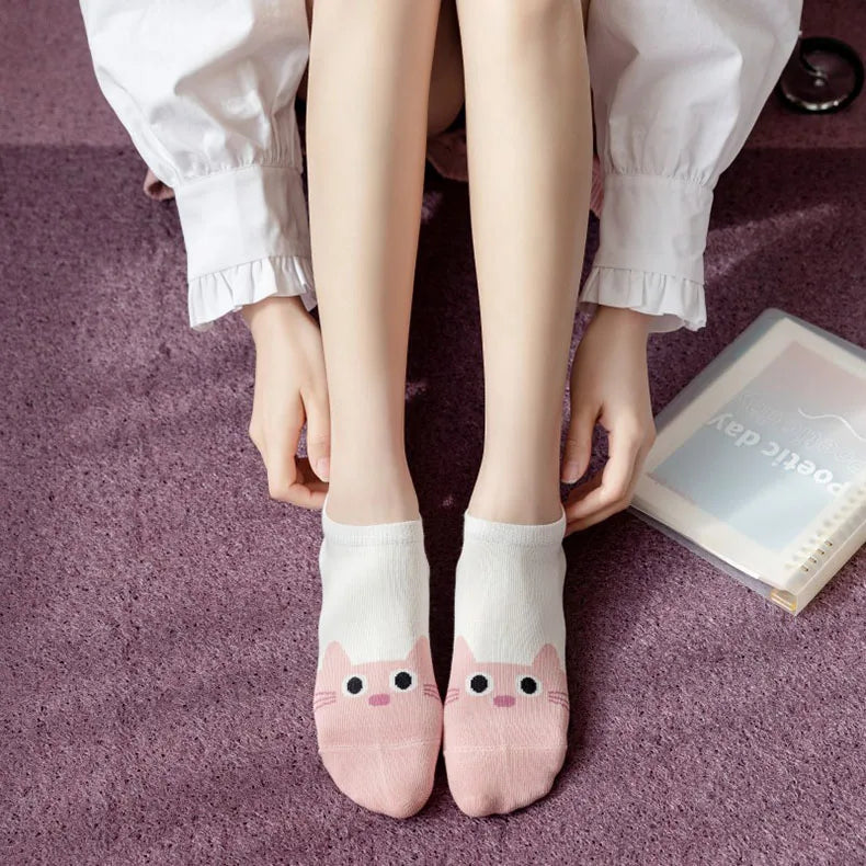 Women's Socks 5 Pair Kawaii Cartoon Cute Cat Socks For Women Funny Spring Cat Low Cut Short Academy  Ankle Socks Woman BZ109