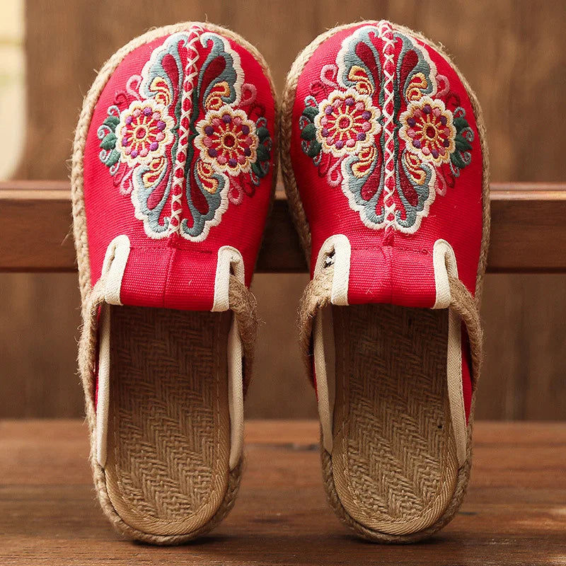 Johnature Women Slippers Summer 2024 New Slides Embroider Flat With Women Shoes Retro Flower Handmade Concise Ladies Slippers