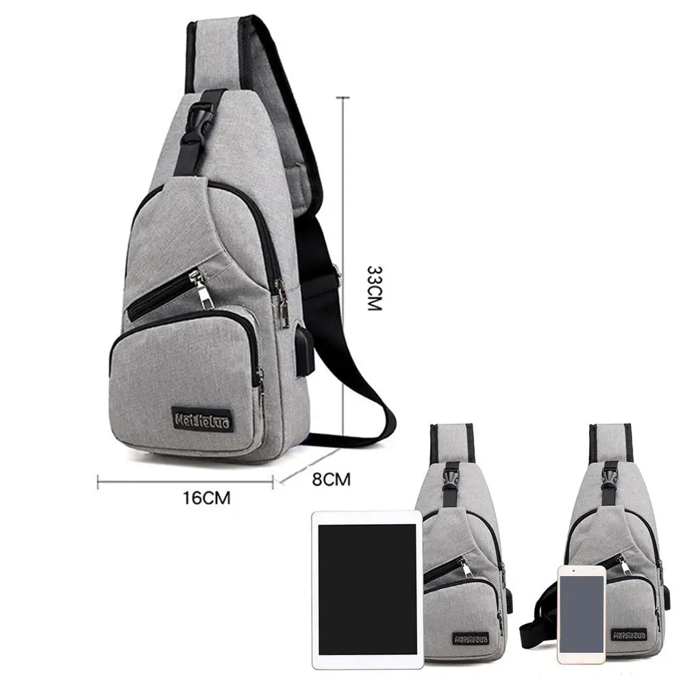 Shoulder Bag USB Charging Port Mens Sling Chest Pack Sports Crossbody Handbag