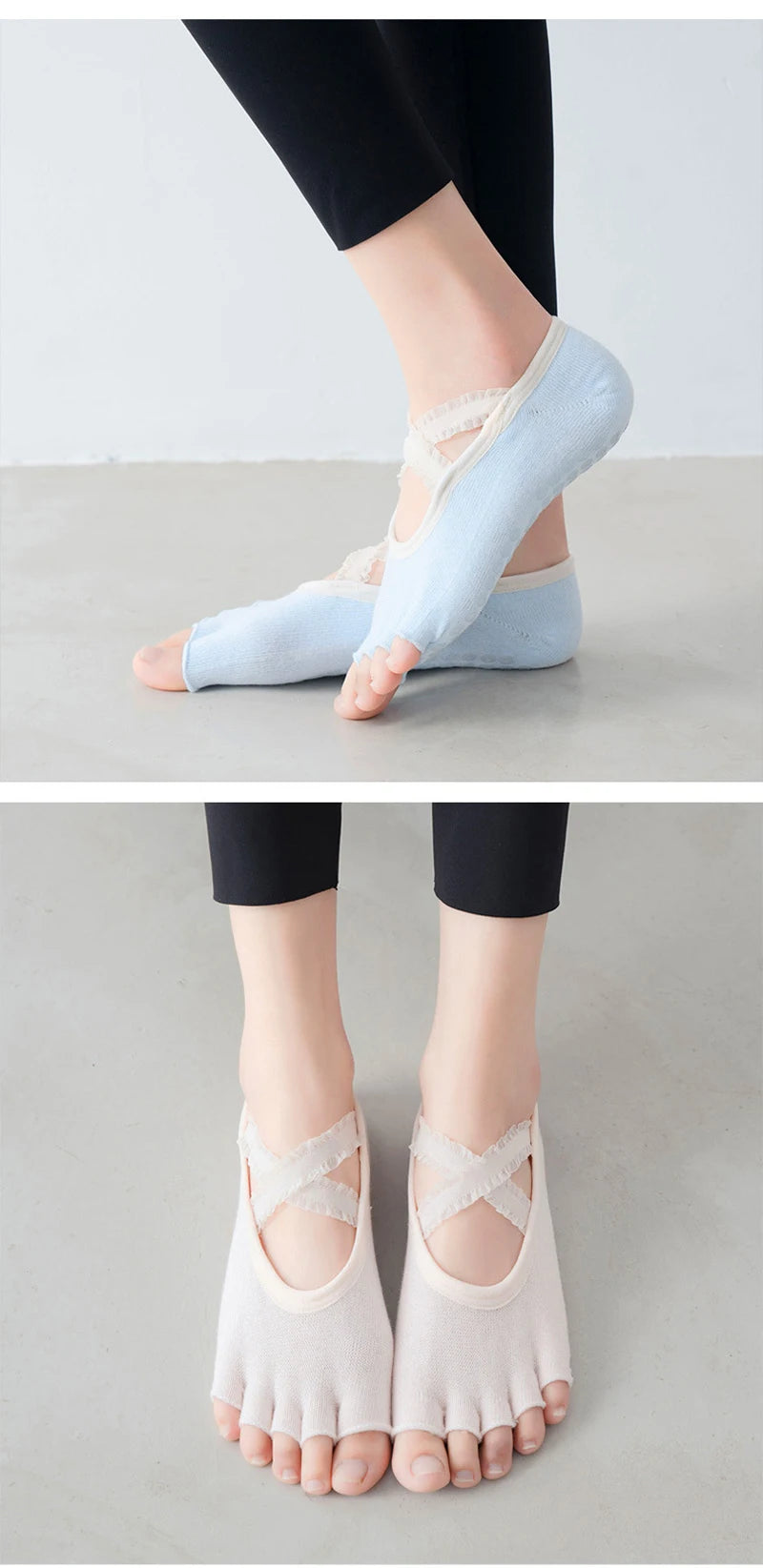 Five Finger Yoga Socks Lace Cross Strap Bandage Non Slip Gym Workout Pilates Ballet Dance Cotton Split Toe Grip Floor Socks