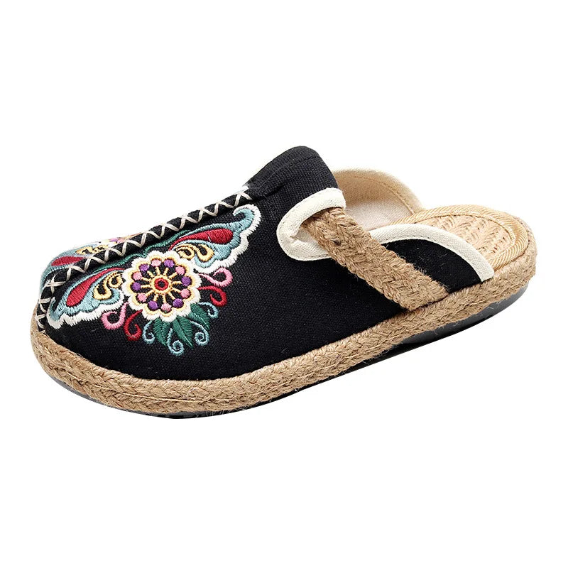 Johnature Women Slippers Summer 2024 New Slides Embroider Flat With Women Shoes Retro Flower Handmade Concise Ladies Slippers