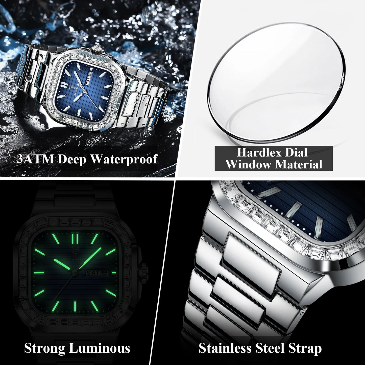 POEDAGAR Fashion Square Men's Watches Waterproof Zircon Bezel Stainless Steel Watch for Man Luxury Original Quartz Wristwatch