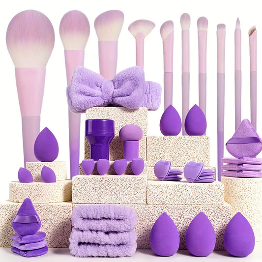 30/40pcs Purple Makeup Brushes and Sponges Set Makeup Sponge Headband  Wristband Triangle Powder Puff Finger Powder Puff