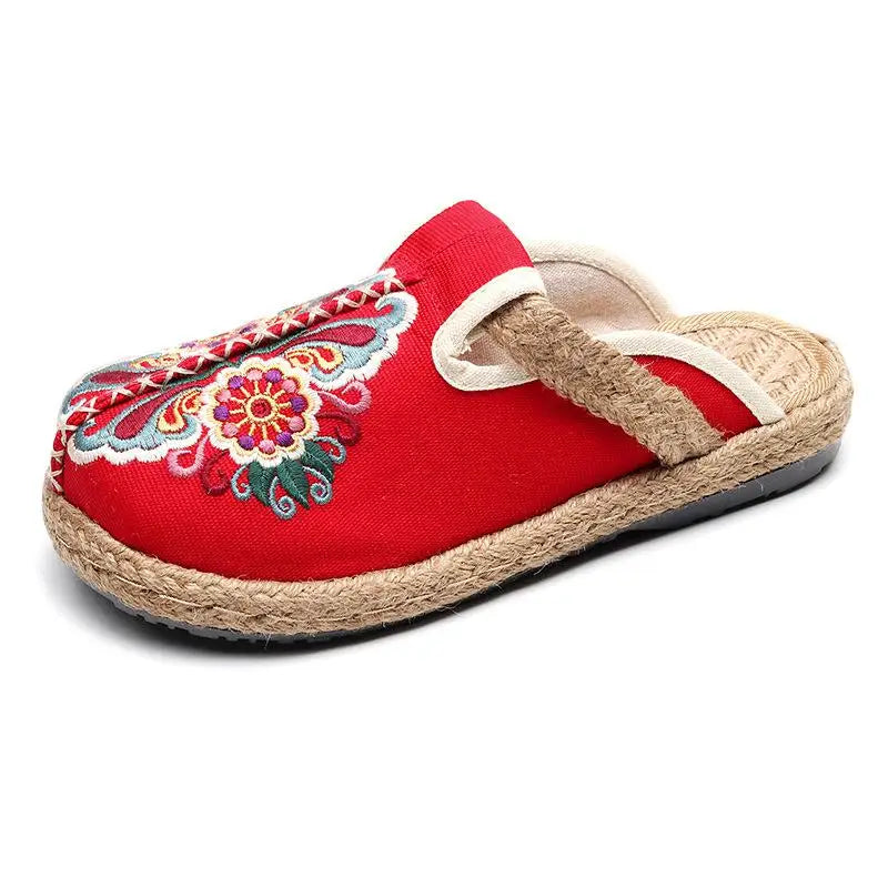 Johnature Women Slippers Summer 2024 New Slides Embroider Flat With Women Shoes Retro Flower Handmade Concise Ladies Slippers