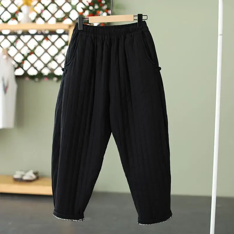 2024 Winter Warm Clip Cotton Thickened Retro Down Cotton Pants for Women's Outwear Elastic Waist Loose Relaxed Pants