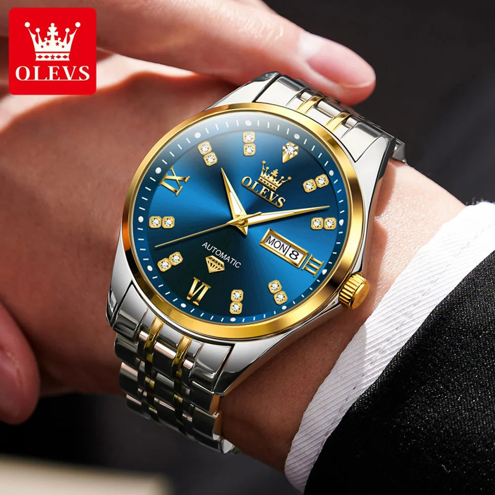 OLEVS 9801 Mens Watch Business Original Automatic Mechanical Watch Dual Calendar Display Waterproof Luminous Mens Gifts New