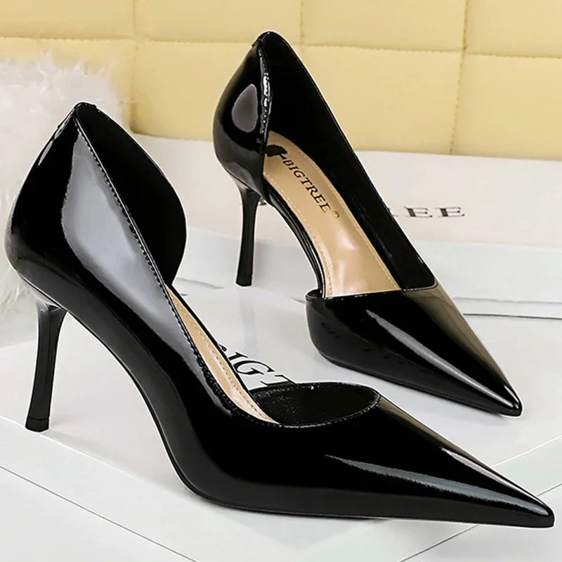 Size 34-43 Women 8cm Thin High Heels Pumps Lady Shallow Pointed Toe Mid Heels Side Hollow Patent Leather Nude Burgundy Red Shoes