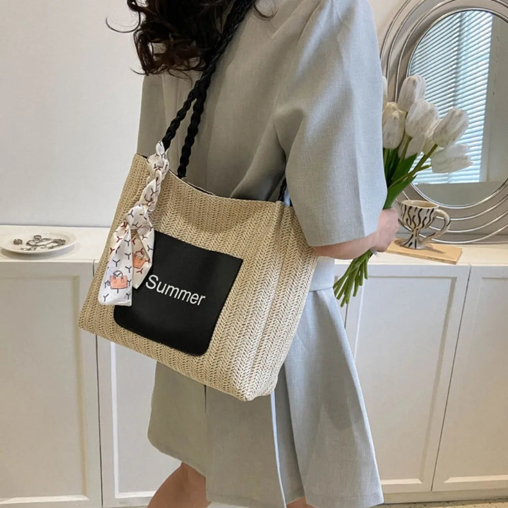 Trendy Straw Woven Scarves Tote Bag Casual Shoulder Bag Beach Bag Daily Commuting Bag Underarm Bag Large Capacity Handbag