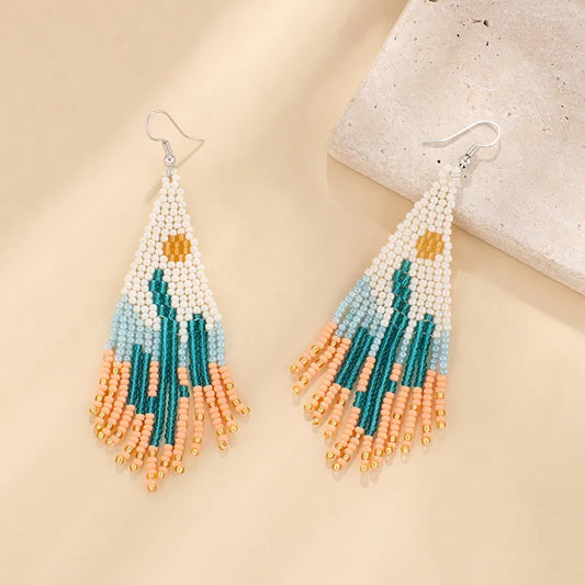 Mexican Cactus Tassel Drop Earrings, Bohemian Beaded Ethnic Style Long Braided Earrings, Elegant And Fashionable Jewelry Accesso