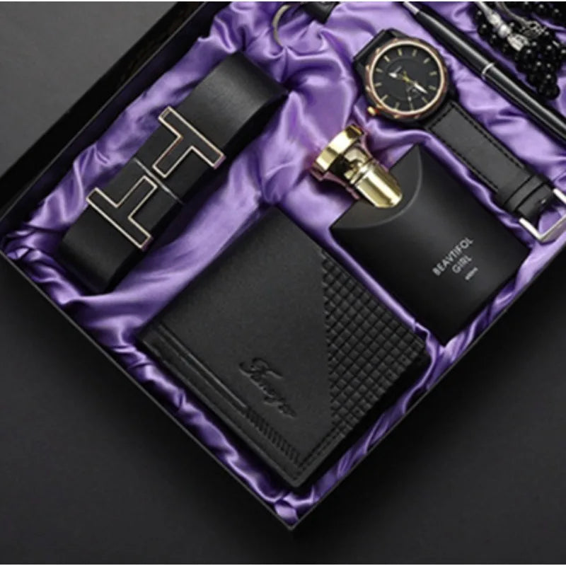 Men Gift Business Luxury Company Mens Set 6 in 1 Watch Glasses Pen Keychain Belt Purse Welcome Holiday Birthday