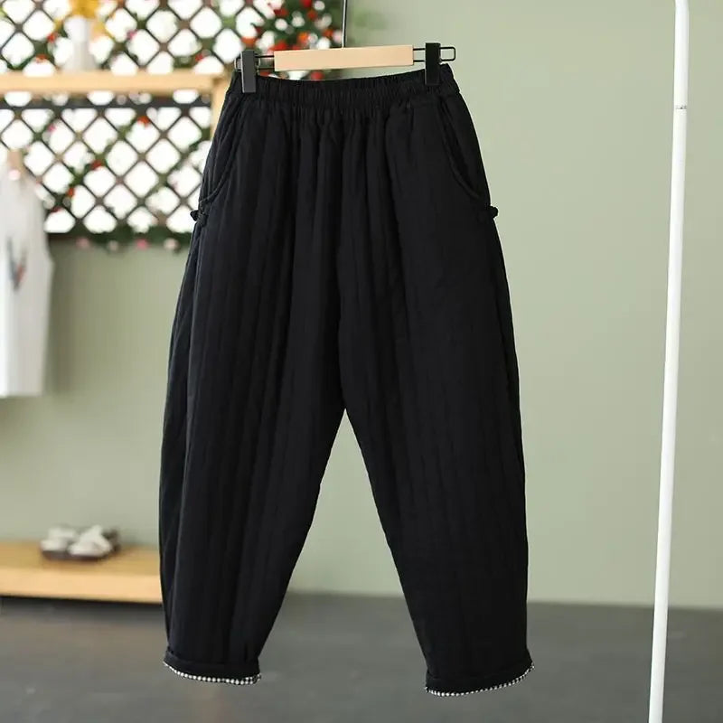 2024 Winter Warm Clip Cotton Thickened Retro Down Cotton Pants for Women's Outwear Elastic Waist Loose Relaxed Pants