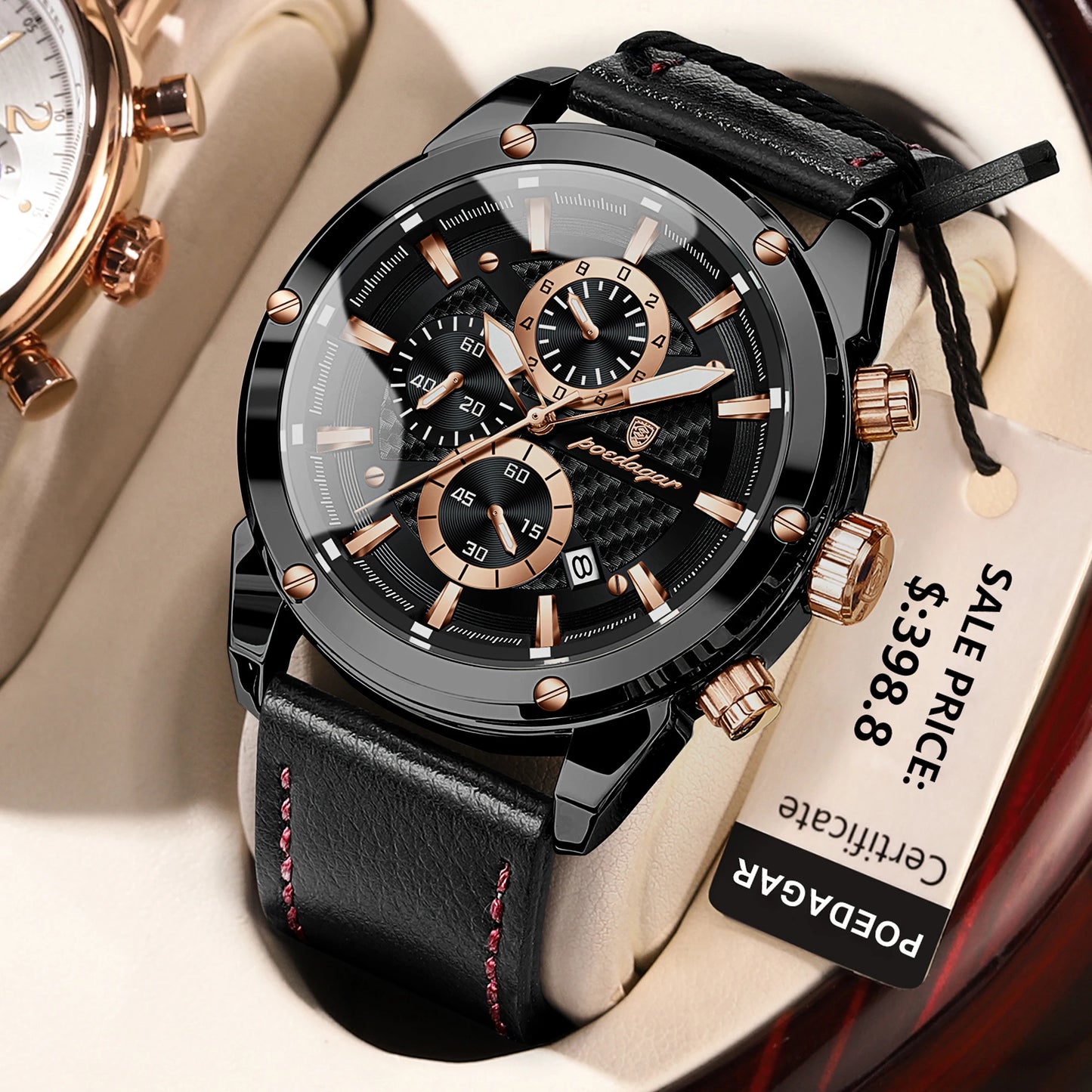 POEDAGAR Casuual Fashion Men's Watches Waterproof Leather Strap Wristwatch Waterproof Luminous Chronograph Date Watch for Man