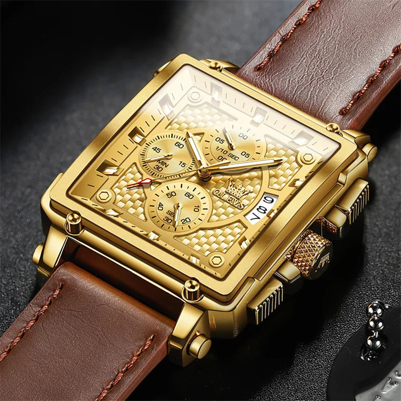 OLEVS Fashion Square Dial Leather Mens Watches Luxury Sport Waterproof Watch Man Chronograph Quartz WristWatches Montre Homme