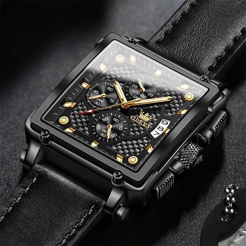 OLEVS Fashion Square Dial Leather Mens Watches Luxury Sport Waterproof Watch Man Chronograph Quartz WristWatches Montre Homme