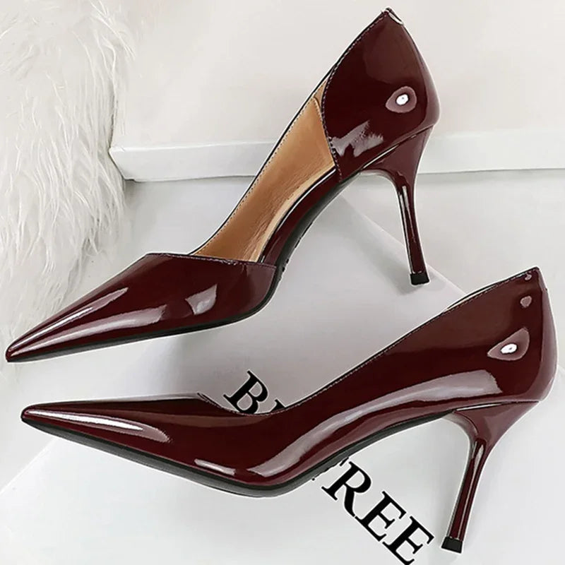 Size 34-43 Women 8cm Thin High Heels Pumps Lady Shallow Pointed Toe Mid Heels Side Hollow Patent Leather Nude Burgundy Red Shoes