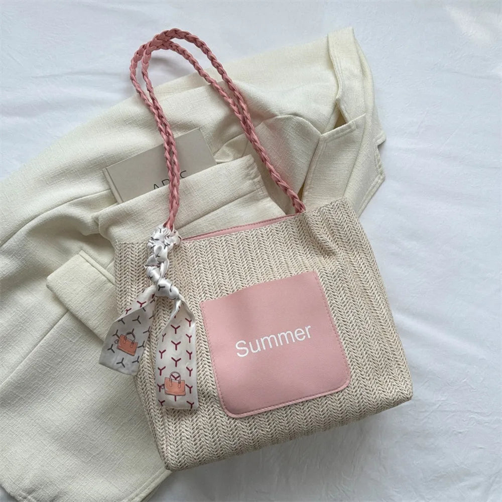 Trendy Straw Woven Scarves Tote Bag Casual Shoulder Bag Beach Bag Daily Commuting Bag Underarm Bag Large Capacity Handbag