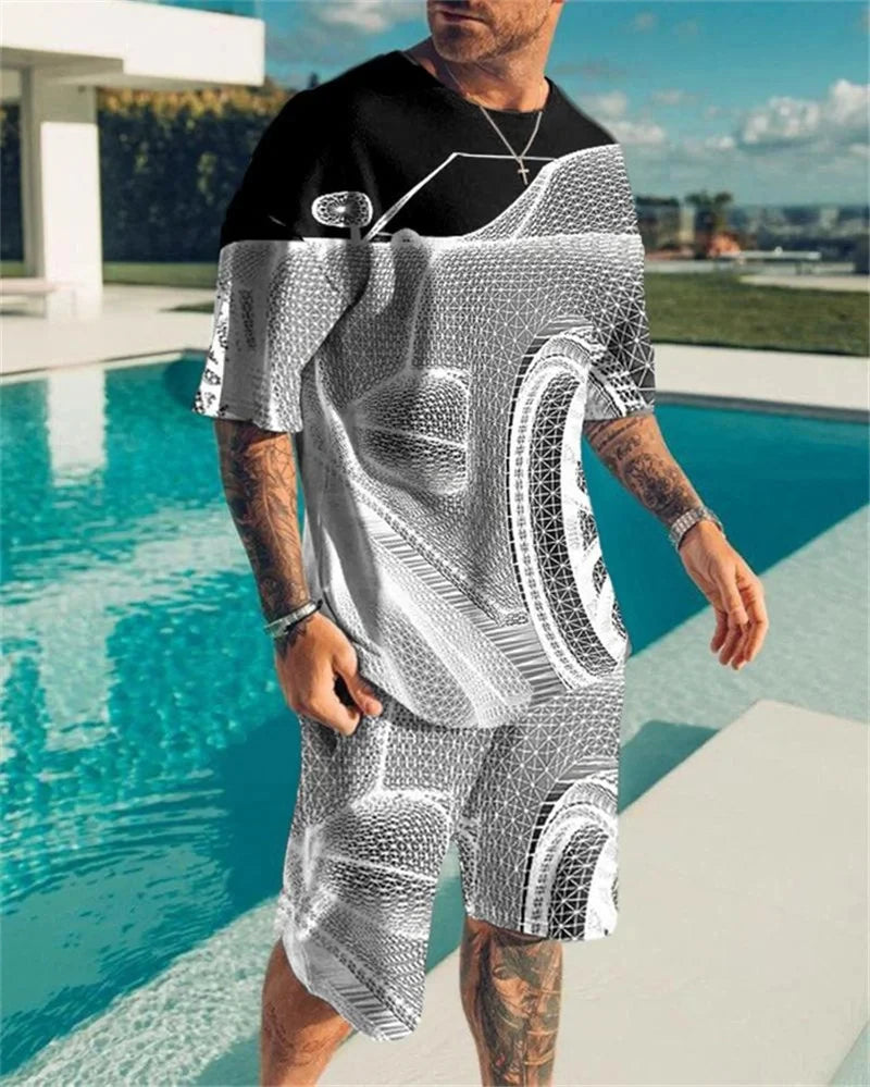 Summer Men Suit 3D Printed Fashion Sports Car Pattern Jogging Men Tracksuit Short Sleeve Tshirts Set Streetwear Men Clothes