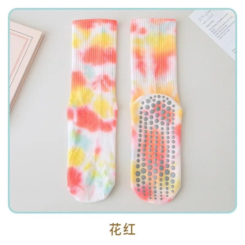 Fashion Trendy Tie Dye Mid Tube Yoga Socks Women Professional Pilate Breathable Non-slip Socks Trampoline Fitness Sports Socks