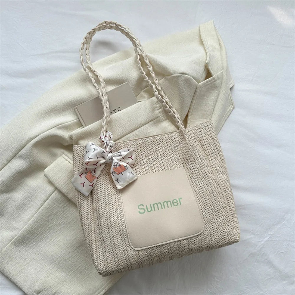 Trendy Straw Woven Scarves Tote Bag Casual Shoulder Bag Beach Bag Daily Commuting Bag Underarm Bag Large Capacity Handbag