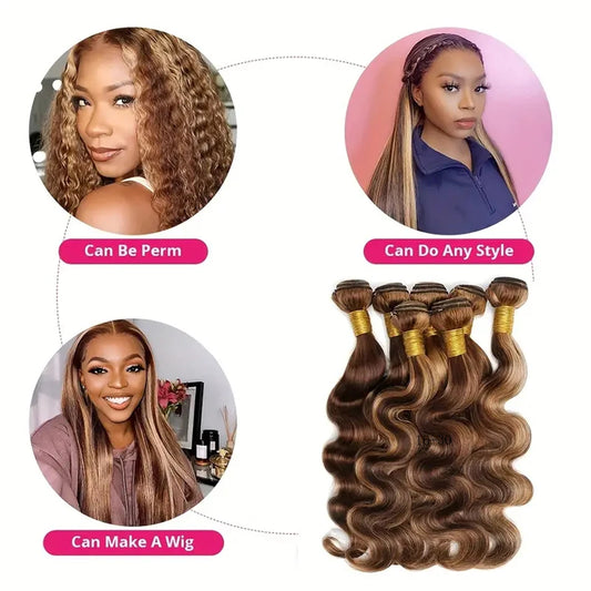 P4/27 Human Hair Bundles Ombre Highlight Body Wave Honey Blonde Virgin Remy Hair Extensions Double Weft Wet and Wavy 3 Bundles