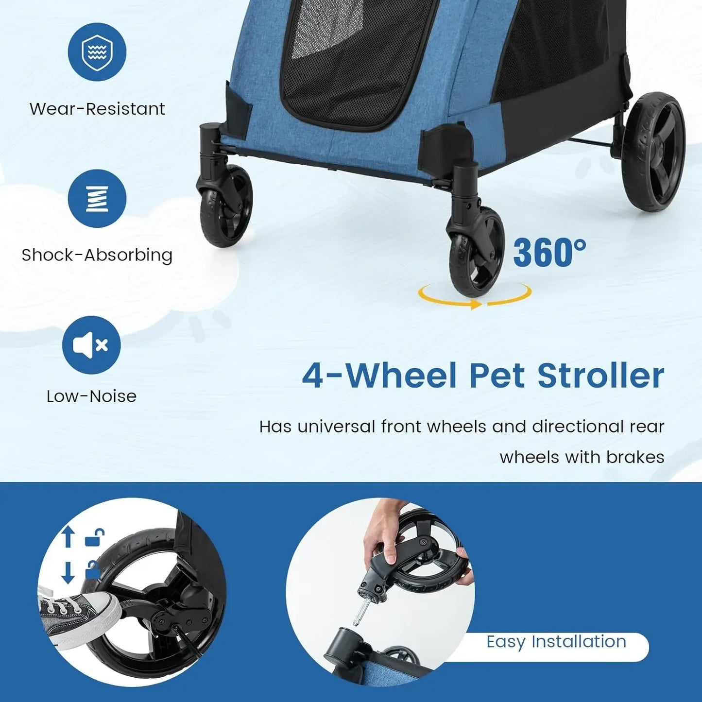 Dog Stroller for Large Dogs - Extra Large Pet Stroller for Senior Dogs, Safety Belt, Adjustable Handle, Removable Pad, Folding D